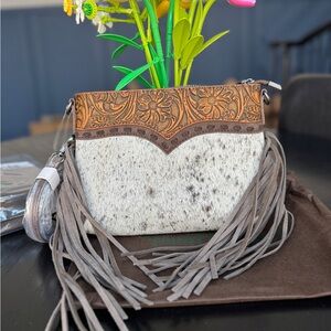 Trinity Ranch Cowhide/Tooled Fringe Crossbody Coffee NWT